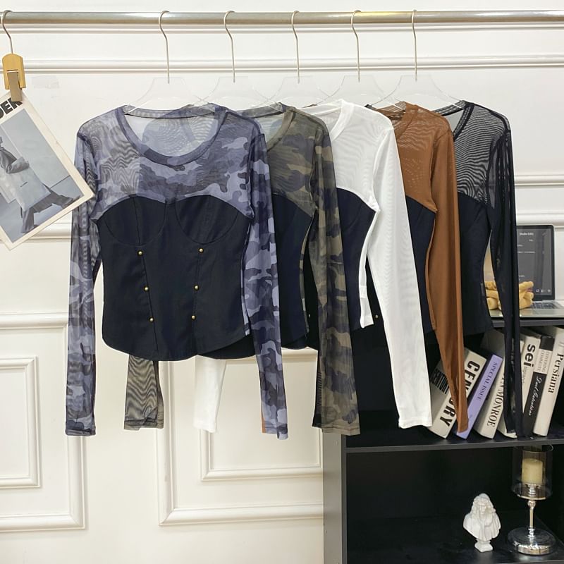 Round-Neck Sleeved Sheer-Paneled Top
