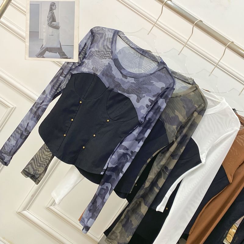 Round-Neck Sleeved Sheer-Paneled Top