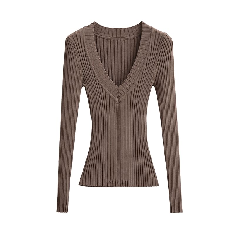 V-Neck Plain Ribbed Knitted Sweater
