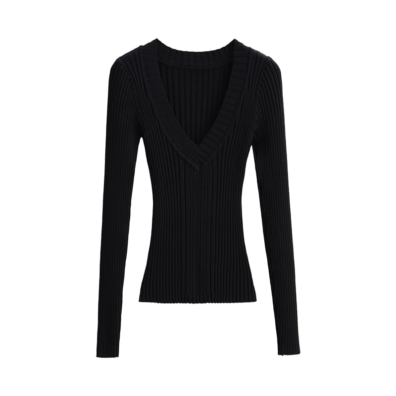 V-Neck Plain Ribbed Knitted Sweater