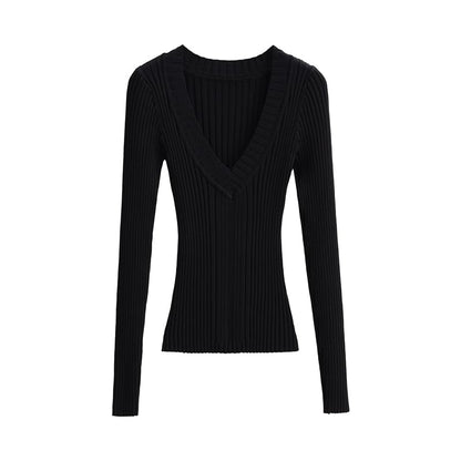 V-Neck Plain Ribbed Knitted Sweater