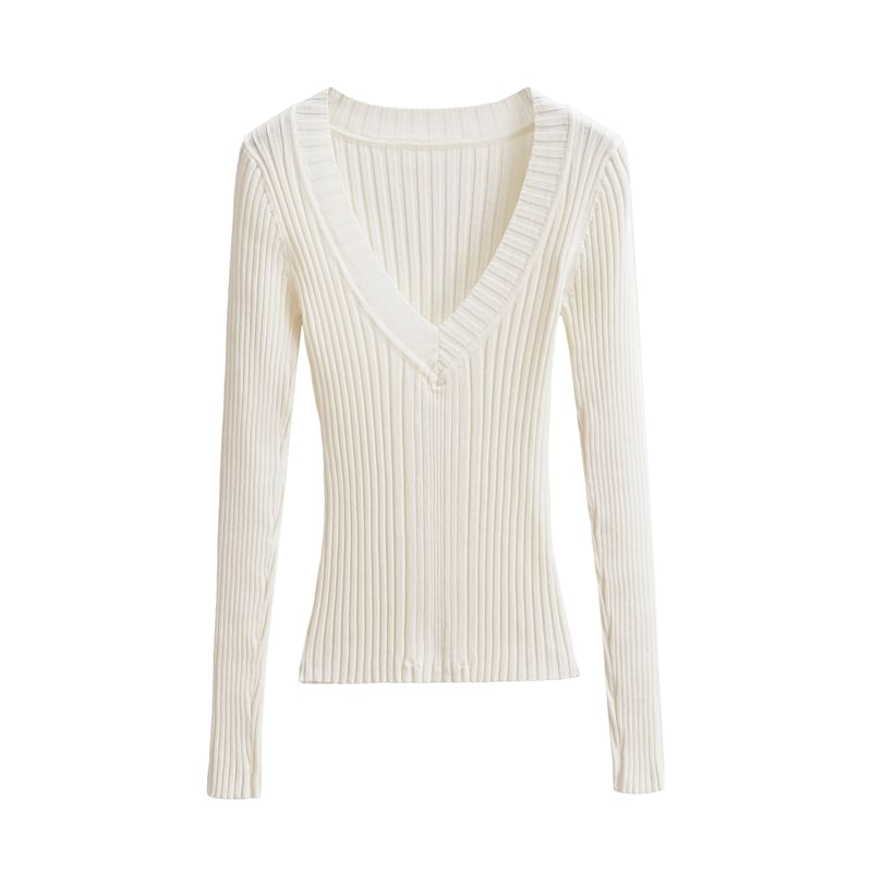 V-Neck Plain Ribbed Knitted Sweater