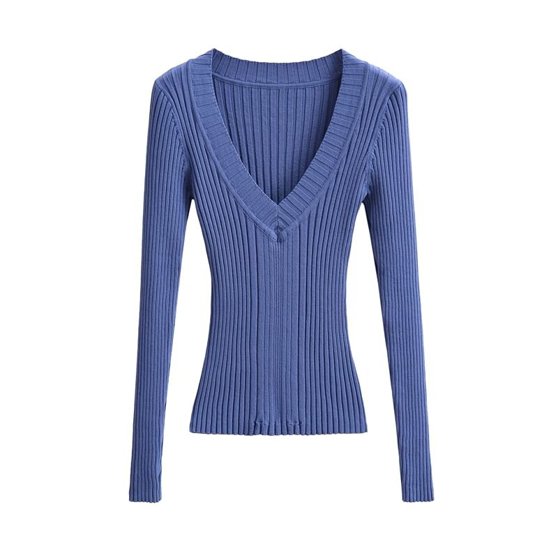 V-Neck Plain Ribbed Knitted Sweater