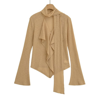 Flared-Sleeved Mock-Neck Plain Ruffled Asymmetric Tee