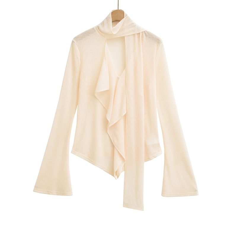 Flared-Sleeved Mock-Neck Plain Ruffled Asymmetric Tee