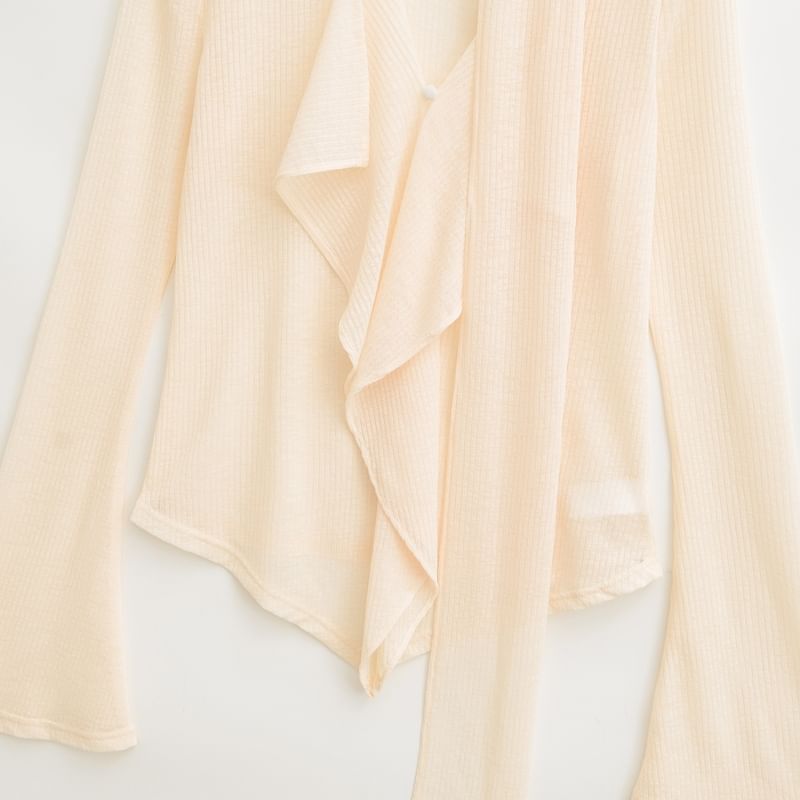 Flared-Sleeved Mock-Neck Plain Ruffled Asymmetric Tee