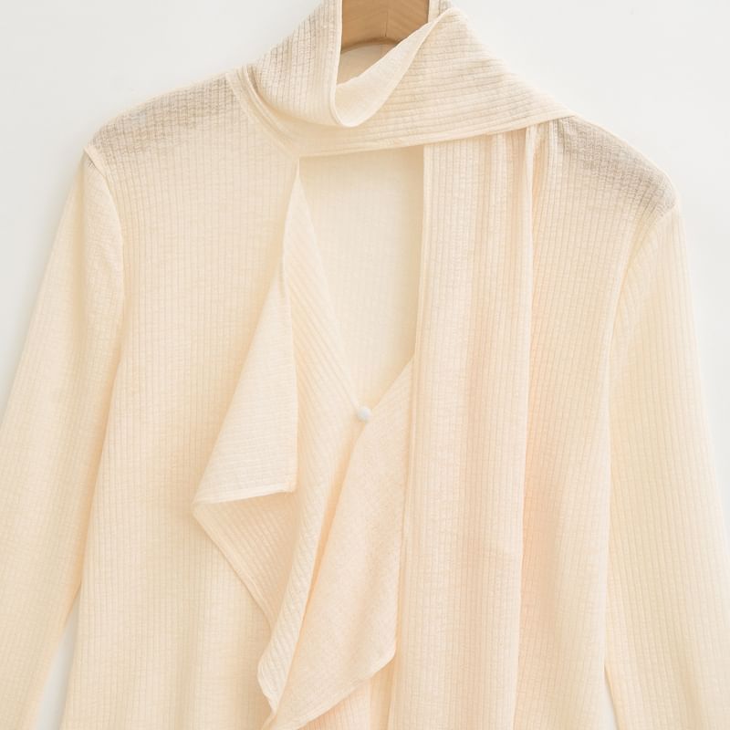 Flared-Sleeved Mock-Neck Plain Ruffled Asymmetric Tee