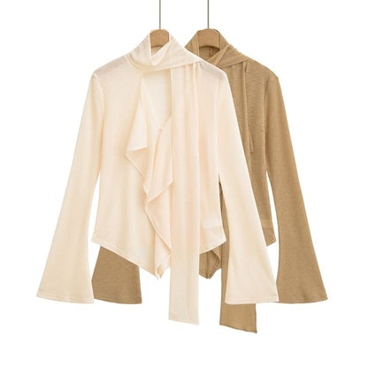Flared-Sleeved Mock-Neck Plain Ruffled Asymmetric Tee