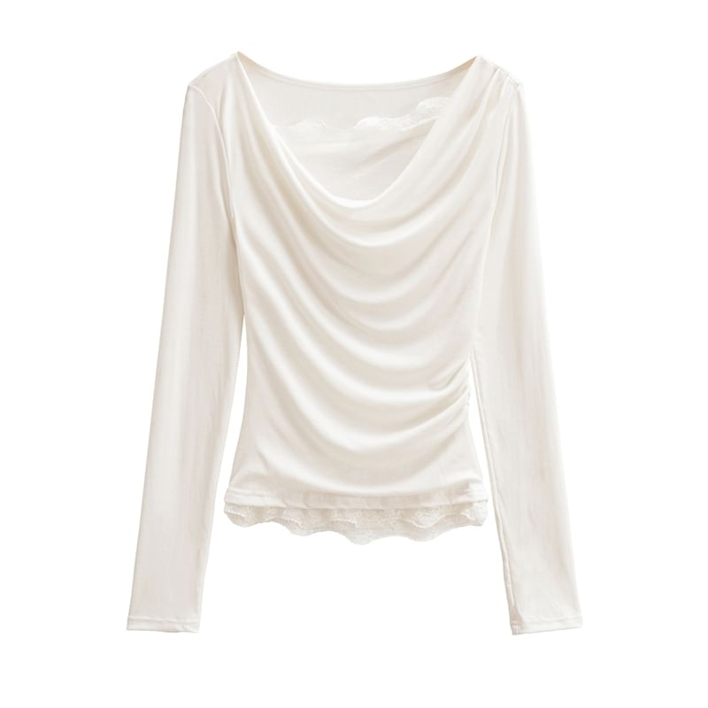 Cowl-Neck Sleeved Plain Lace-Trimmed Tee