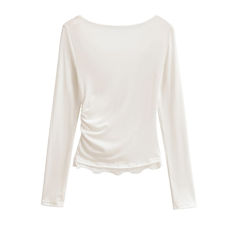 Cowl-Neck Sleeved Plain Lace-Trimmed Tee