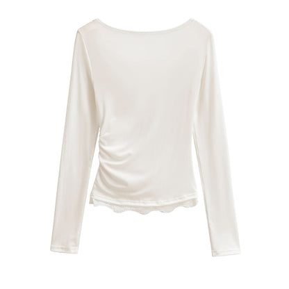 Cowl-Neck Sleeved Plain Lace-Trimmed Tee