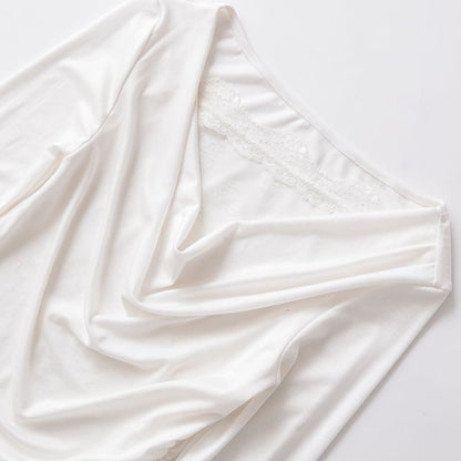 Cowl-Neck Sleeved Plain Lace-Trimmed Tee