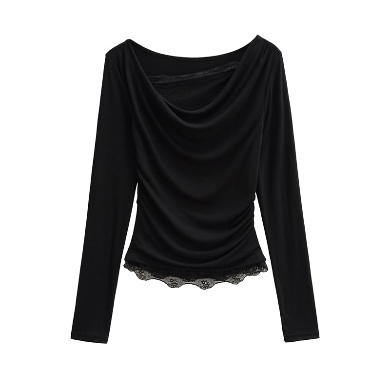 Cowl-Neck Sleeved Plain Lace-Trimmed Tee