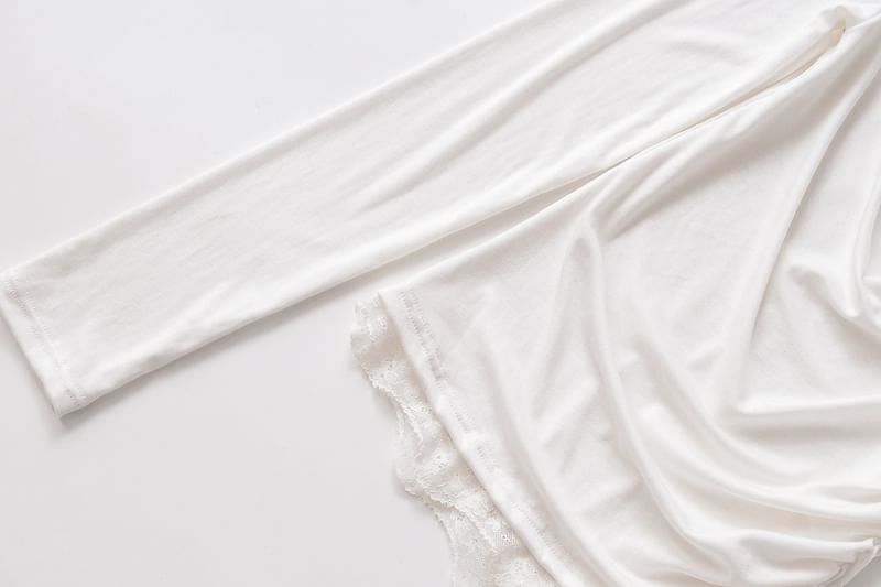 Cowl-Neck Sleeved Plain Lace-Trimmed Tee