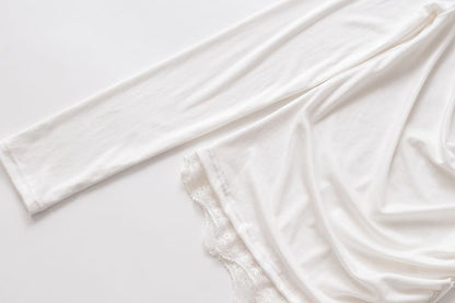 Cowl-Neck Sleeved Plain Lace-Trimmed Tee