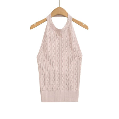 Cable-Knit Plain Halter Neck Top