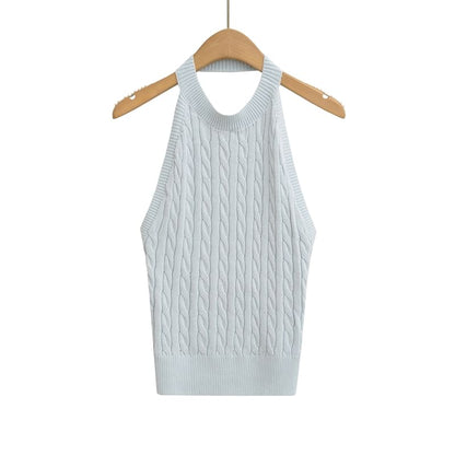 Cable-Knit Plain Halter Neck Top