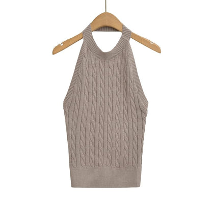 Cable-Knit Plain Halter Neck Top