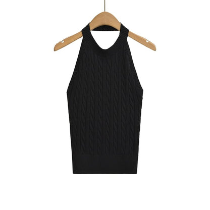 Cable-Knit Plain Halter Neck Top