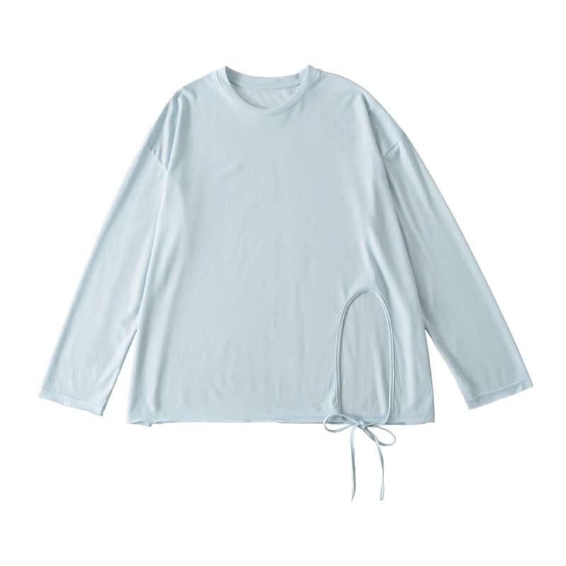 Round-Neck Sleeved Plain Side-Slit Tee