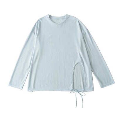 Round-Neck Sleeved Plain Side-Slit Tee