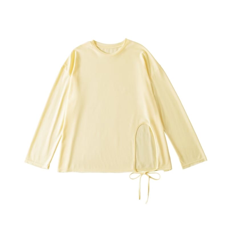 Round-Neck Sleeved Plain Side-Slit Tee