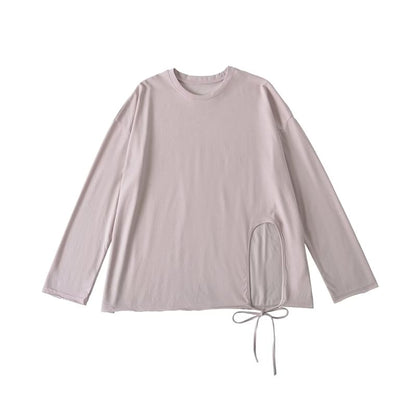 Round-Neck Sleeved Plain Side-Slit Tee