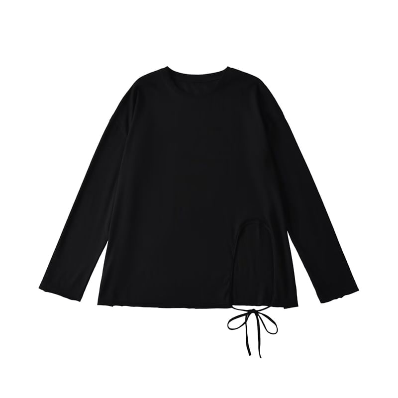 Round-Neck Sleeved Plain Side-Slit Tee