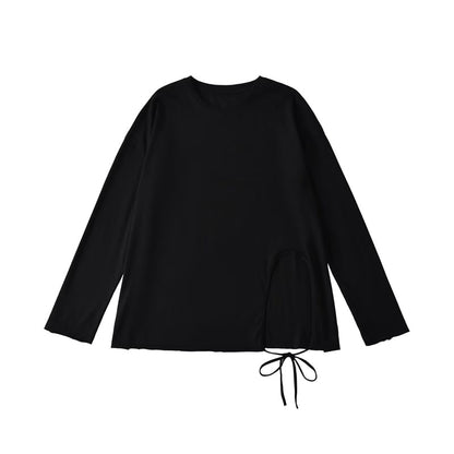 Round-Neck Sleeved Plain Side-Slit Tee