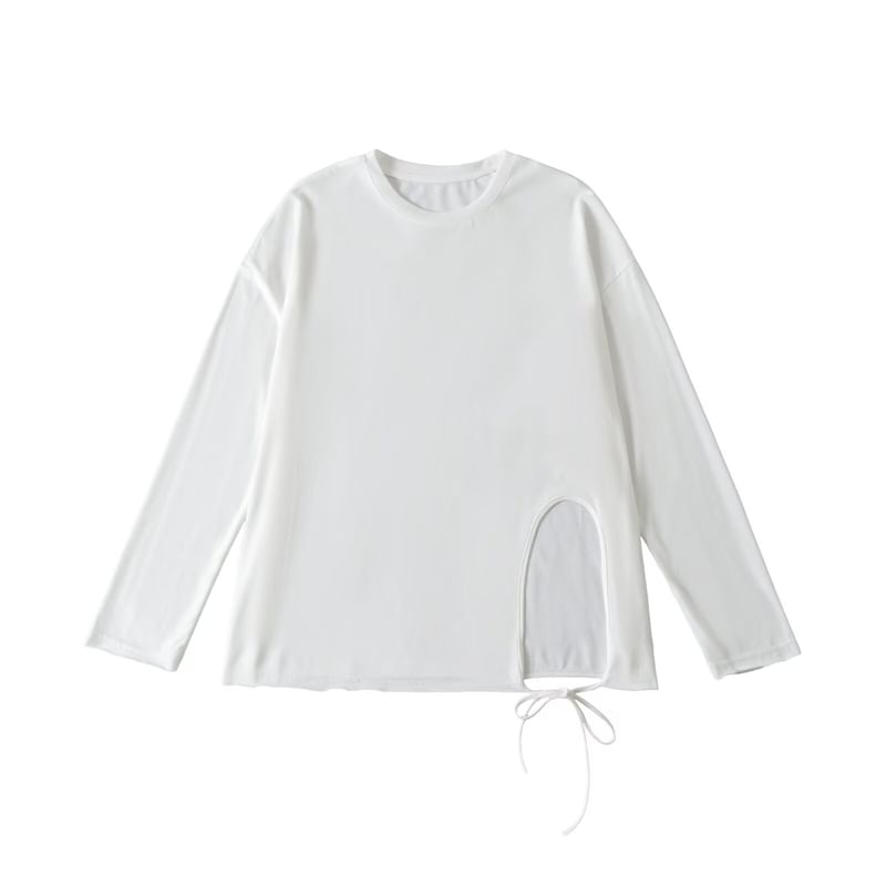 Round-Neck Sleeved Plain Side-Slit Tee