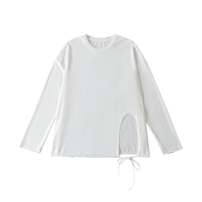 Round-Neck Sleeved Plain Side-Slit Tee