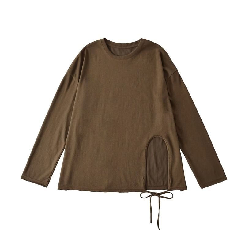 Round-Neck Sleeved Plain Side-Slit Tee