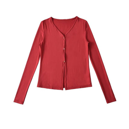 V-Neck Sleeved Plain Front-Slit Tee