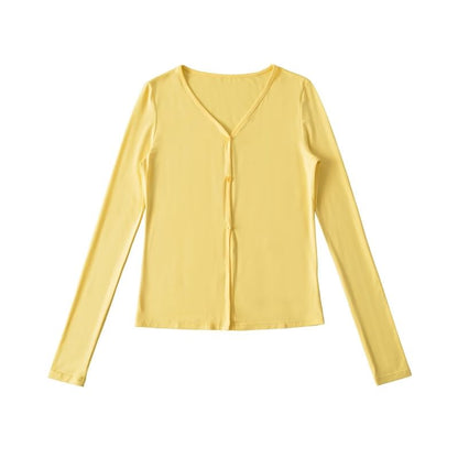 V-Neck Sleeved Plain Front-Slit Tee