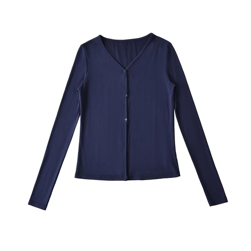 V-Neck Sleeved Plain Front-Slit Tee