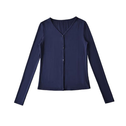 V-Neck Sleeved Plain Front-Slit Tee