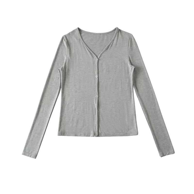 V-Neck Sleeved Plain Front-Slit Tee