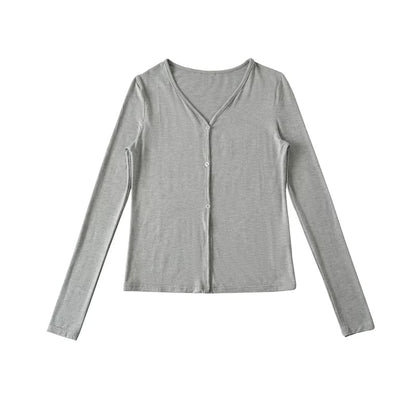 V-Neck Sleeved Plain Front-Slit Tee