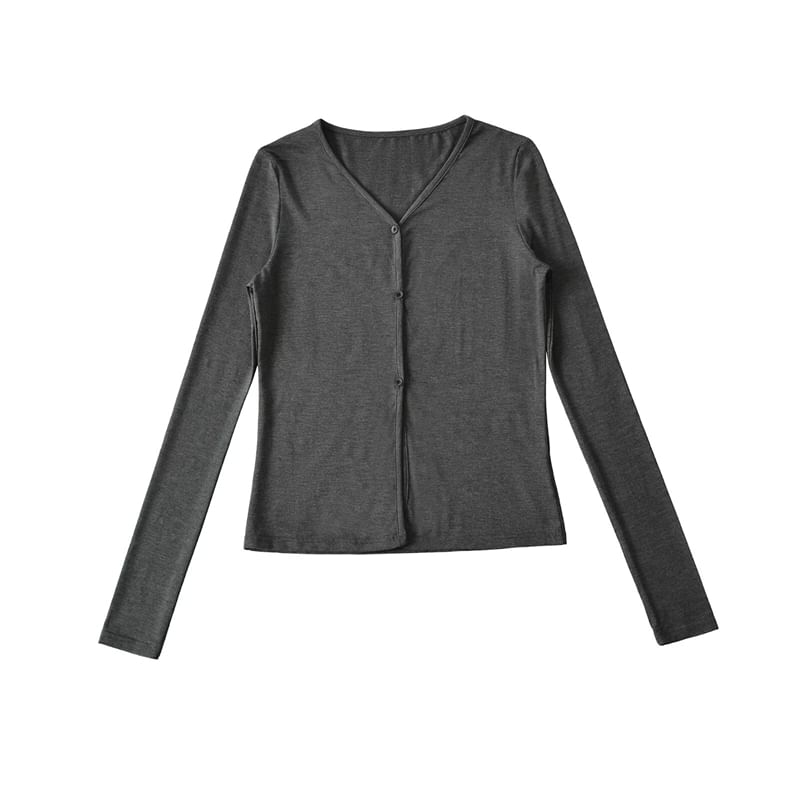 V-Neck Sleeved Plain Front-Slit Tee