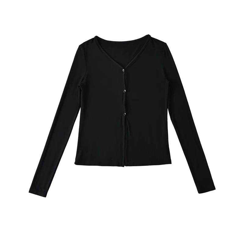 V-Neck Sleeved Plain Front-Slit Tee