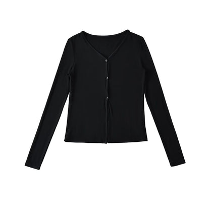 V-Neck Sleeved Plain Front-Slit Tee
