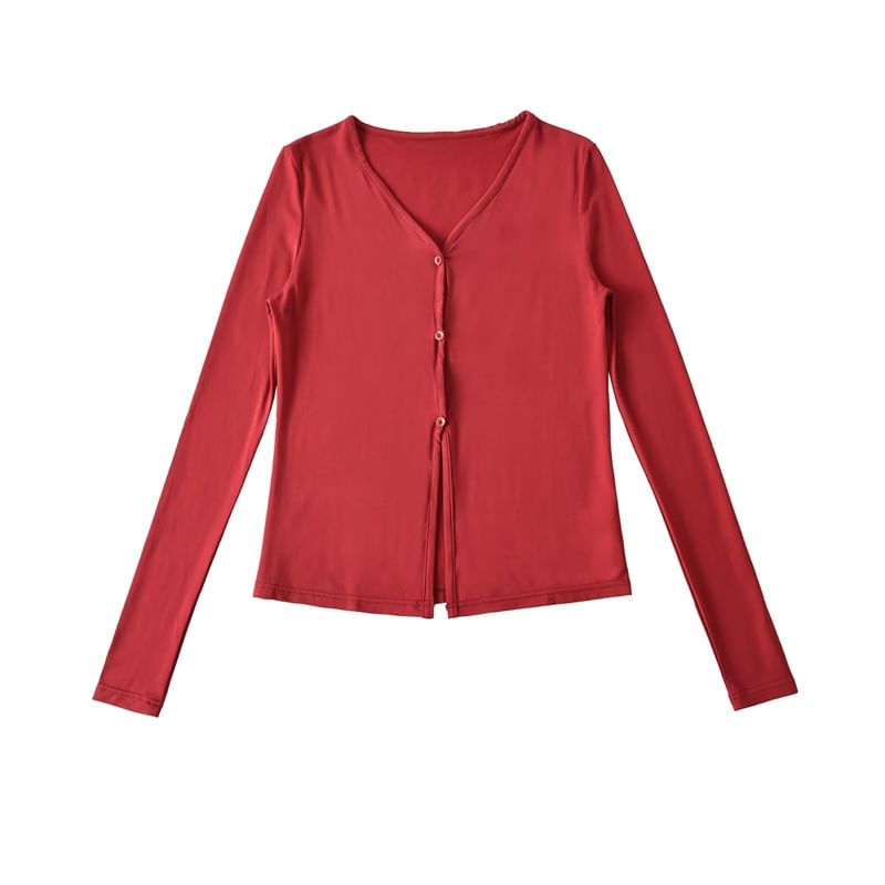 V-Neck Sleeved Plain Front-Slit Tee