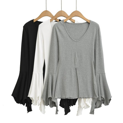 Flared-Sleeved Scoop-Neck Plain Slit Tee