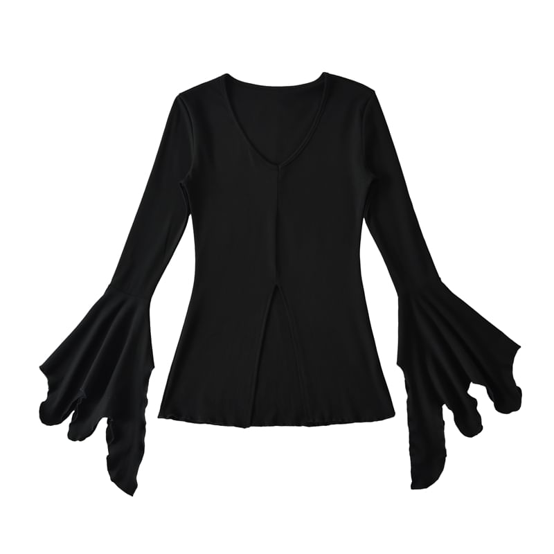 Flared-Sleeved Scoop-Neck Plain Slit Tee