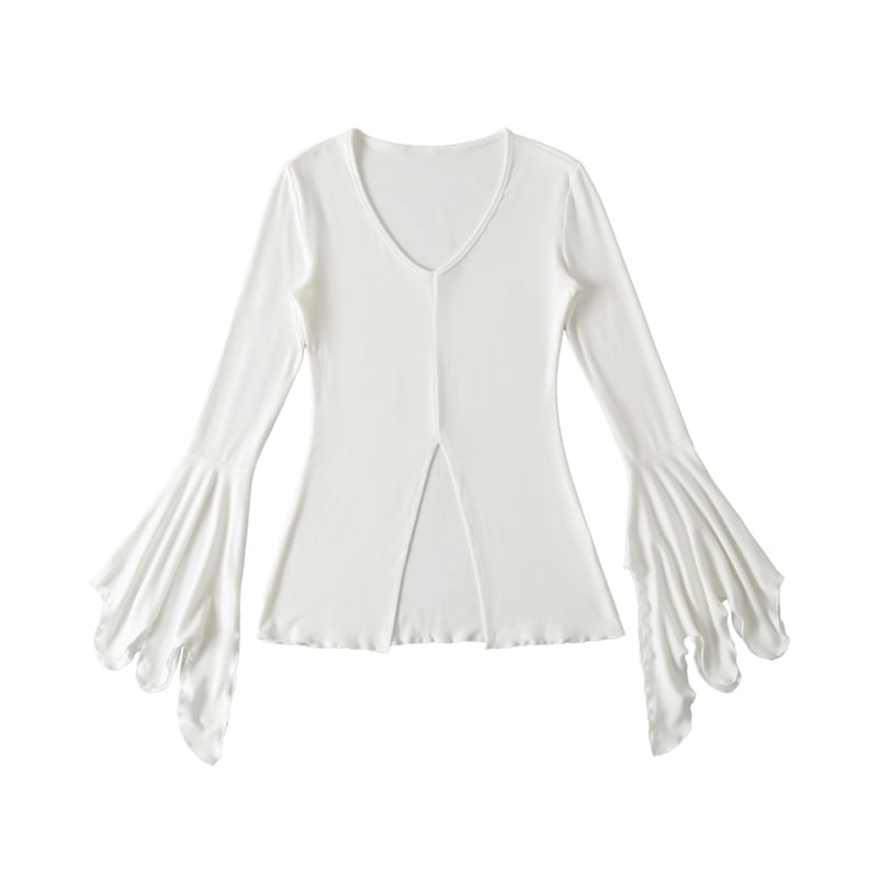 Flared-Sleeved Scoop-Neck Plain Slit Tee