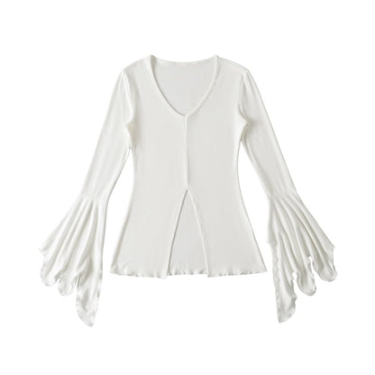 Flared-Sleeved Scoop-Neck Plain Slit Tee