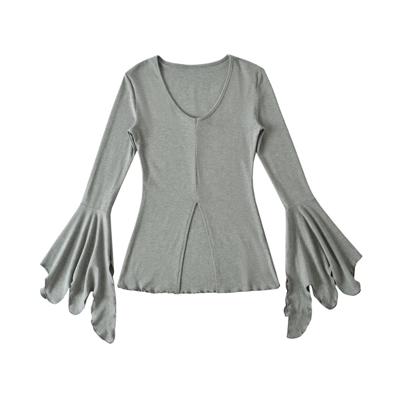 Flared-Sleeved Scoop-Neck Plain Slit Tee