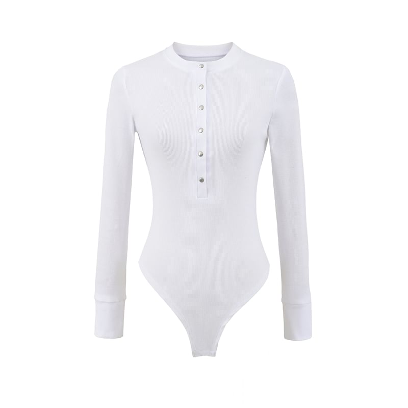 Henley Sleeved Plain Bodysuit Top