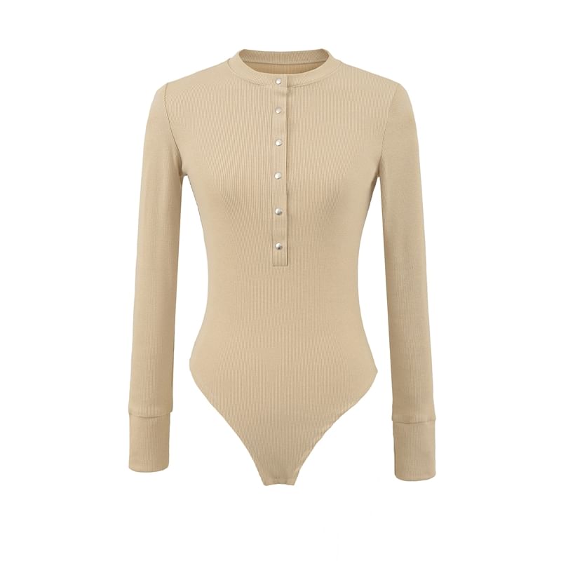 Henley Sleeved Plain Bodysuit Top