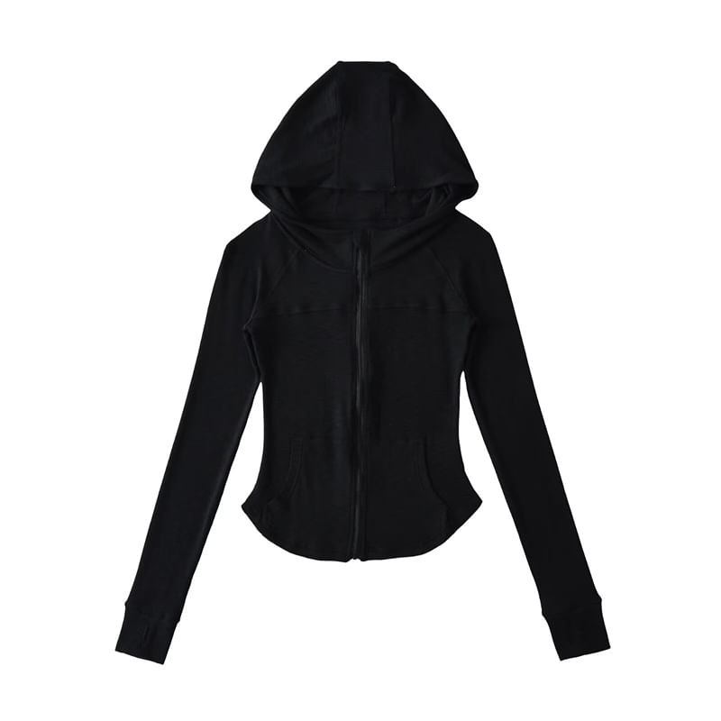 Plain Zippered Hooded Sweatshirt